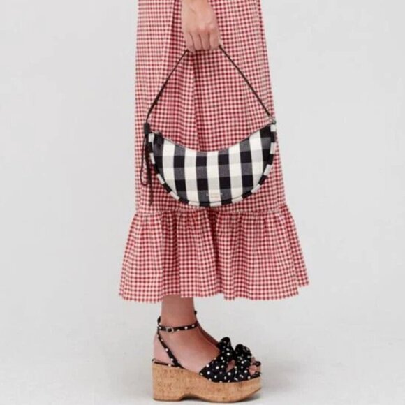 Kate Spade Smile Shoulder Bag Black Gingham Small Leather Fabric Zip Top White - Picture 4 of 10